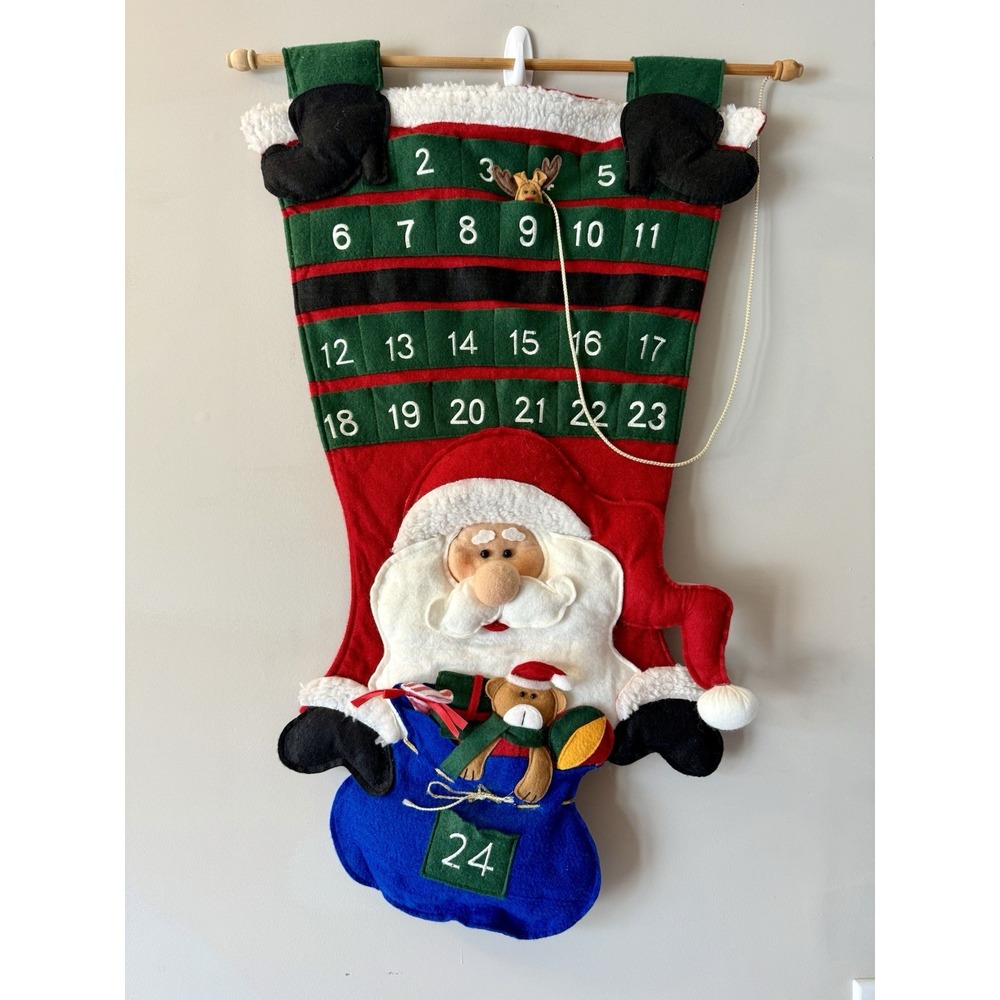 Vintage Advent Calendar Countdown Christmas Wall Hanging Santa's Bag‎ 32" Felt